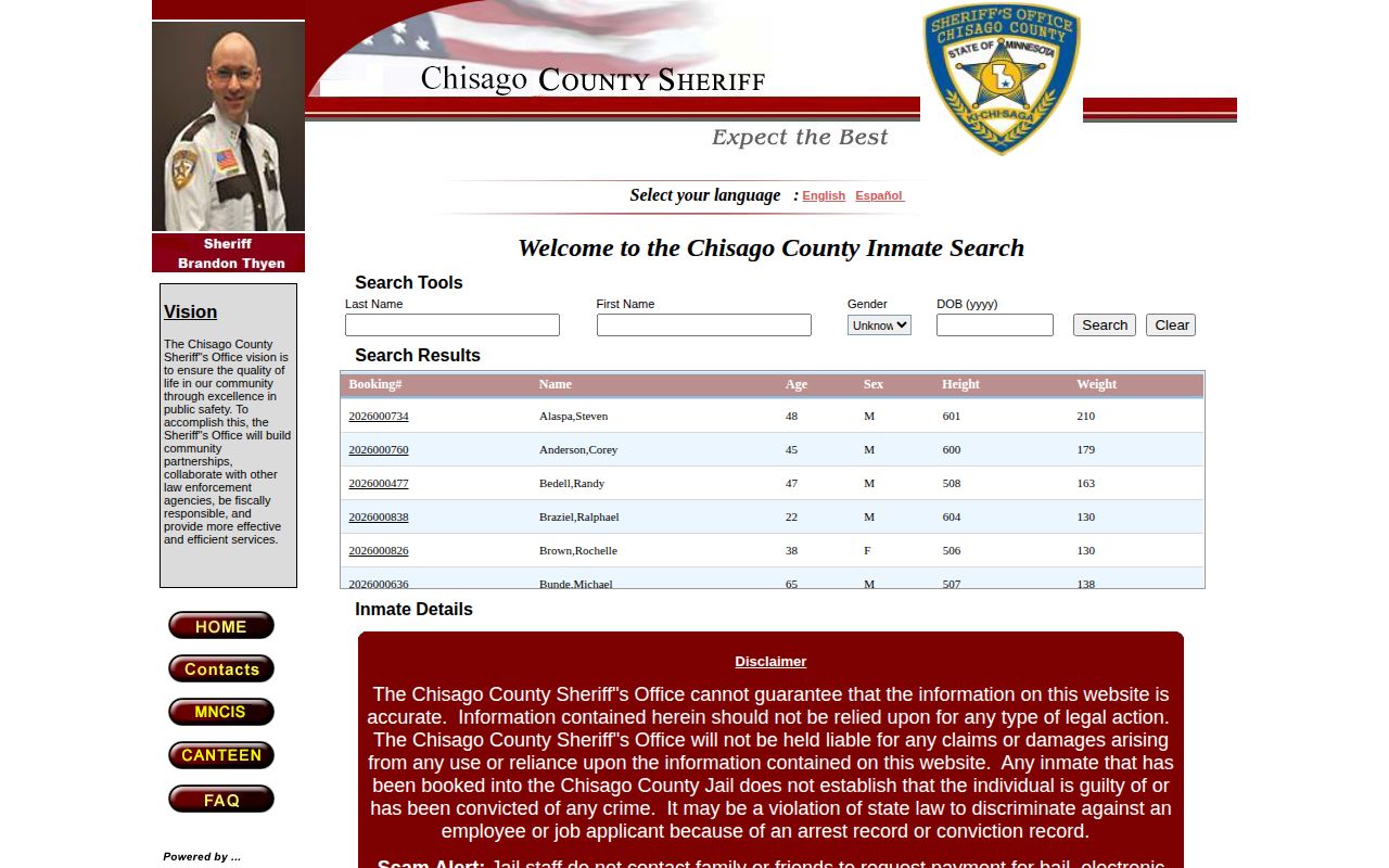 Chisago County current custody booking record search
