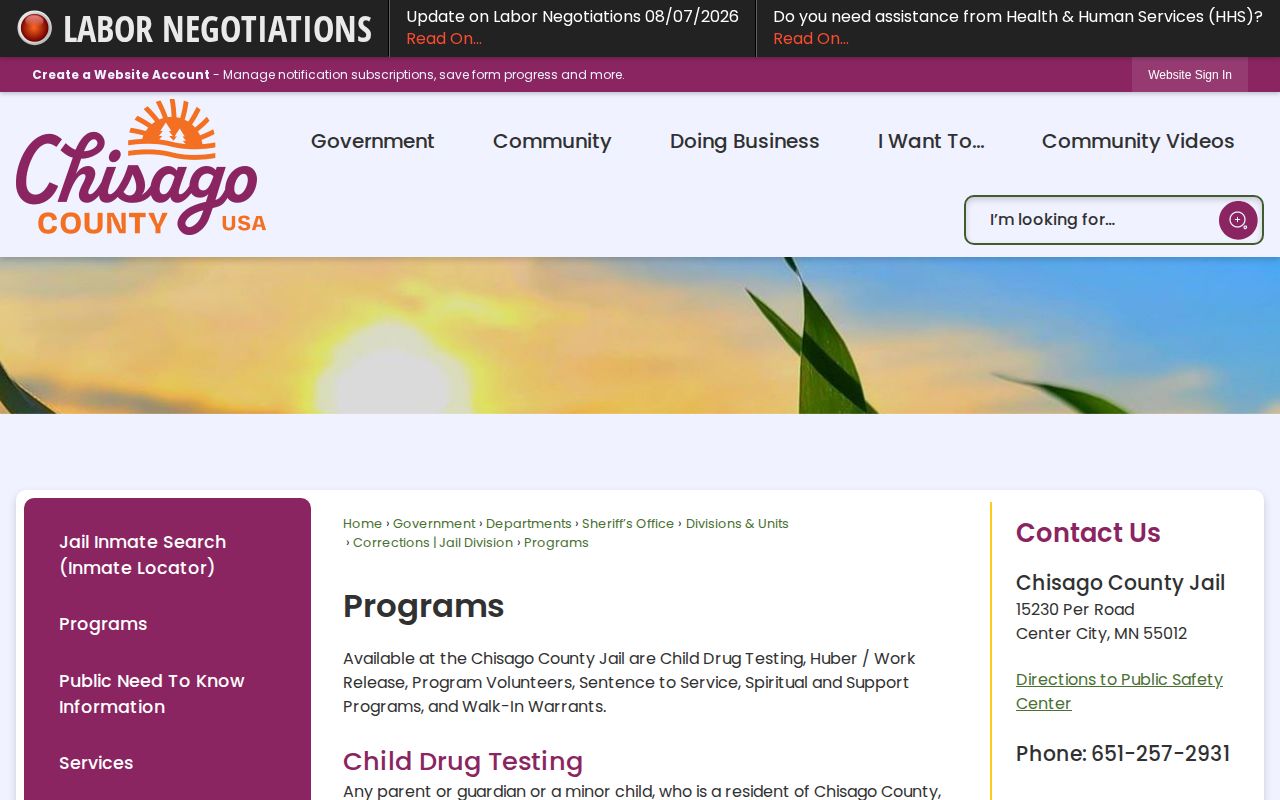 Chisago County walk-in warrant program record and booking information